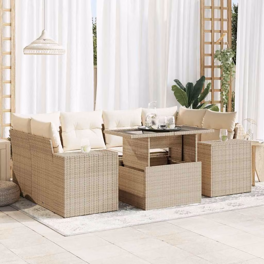 Set Divani da Giardino vidaXL 7 pz a Forma a L con Cuscini Beige e Tavolino da Esterno in Polyrattan e Metallo