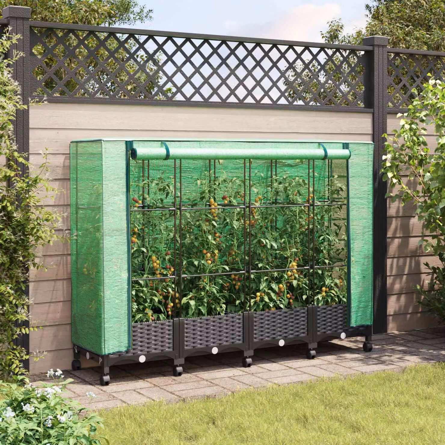 Set di 4 vasi da giardino con copertura per serra e ruote vidaXL, colore nero e verde, in plastica