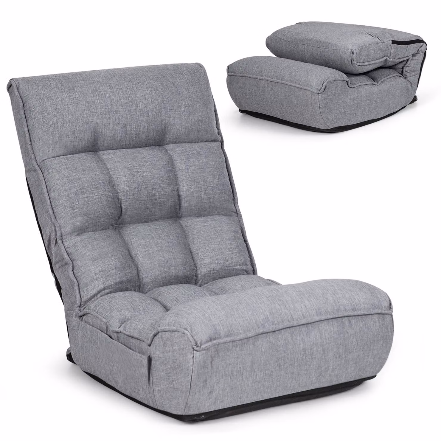 COSTWAY Sedia da pavimento regolabile a 4 livelli, divano imbottito da pavimento con poggiatesta regolabile a 5 livelli e tasca laterale, sedia ergonomica pieghevole, sedia da pavimento con portata fino a 140 kg (grigio)