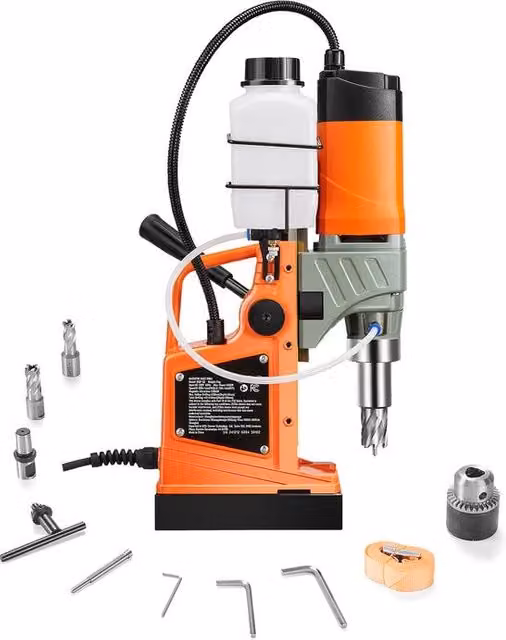 Trapano magnetico portatile Merkloos arancione con motore da 1450 W, diametro 4,06 cm, forza di 1274,56 kgf e velocità variabile, incluso 2 punteruoli