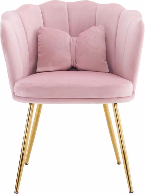 Set da 2 sedie da pranzo in velluto rosa con schienale a petalo， cuscino decorativo e gambe in metallo dorato per soggiorno， camera da letto e trucco
