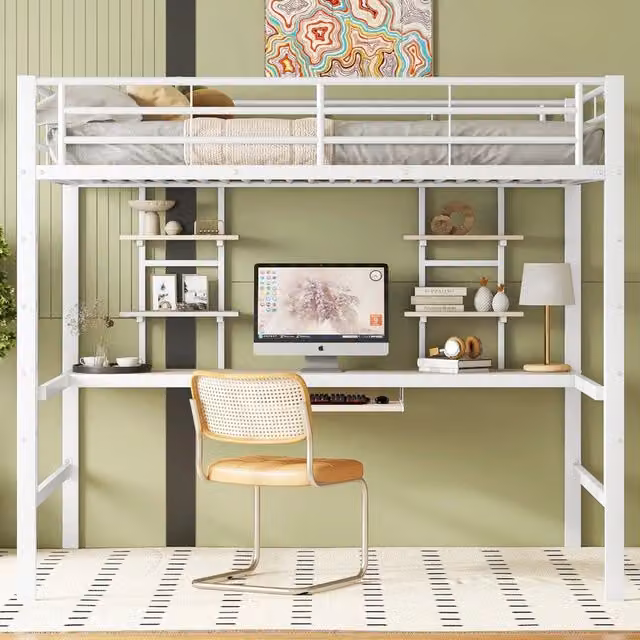 Letto a soppalco WISHDOR per bambini in metallo e MDF con scrivania, librerie e scala, bianco opaco, L/P/H: 200 x 140 x 180 cm