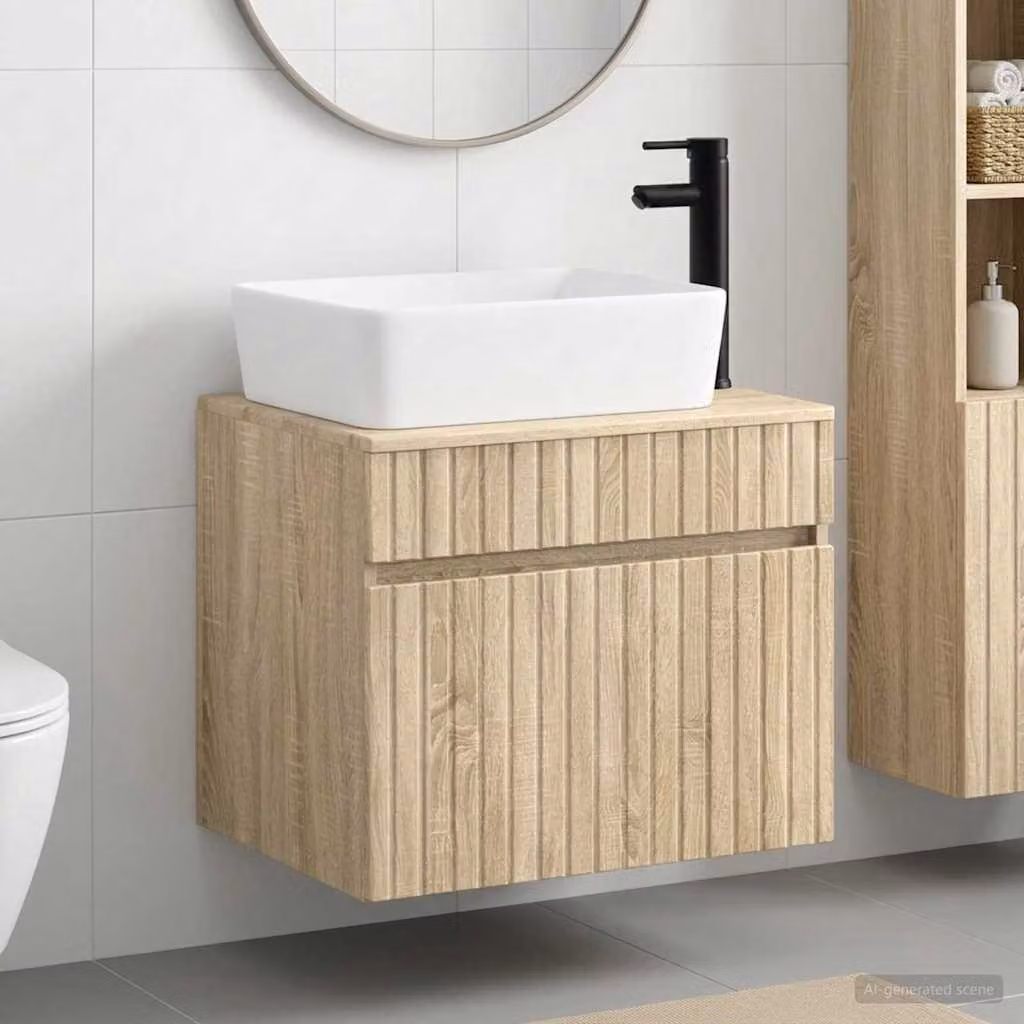 Set di mobili da bagno sospesi vidaXL in legno MDF moderno, colore marrone e beige, con cassetti e ante a battente