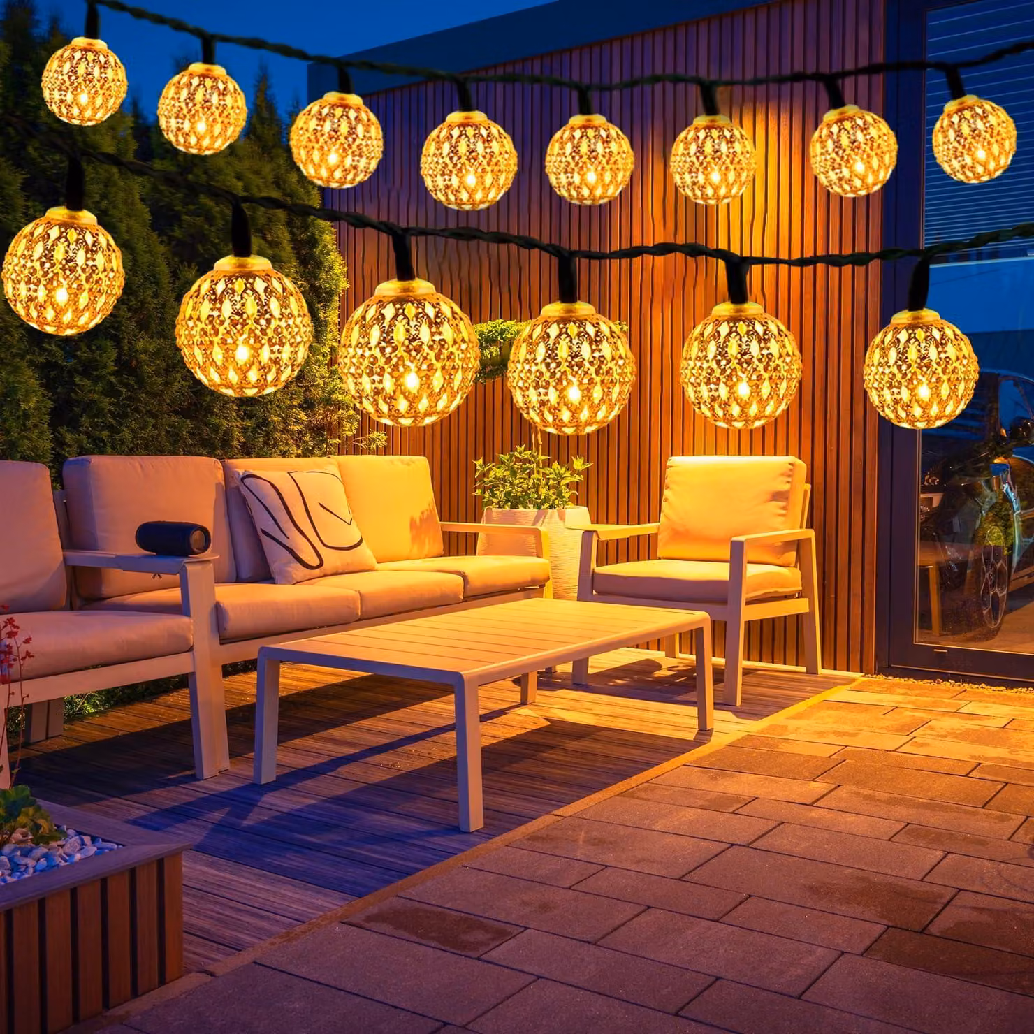 Catena luminosa solare, 7 metri, 50 LED, luce bianco caldo, grado di protezione IP65, 8 modalità