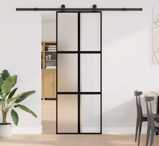 Porta Scorrevole Minimalista vidaXL in Vetro e Alluminio, Colore Nero, L: 76 cm, H: 205 cm