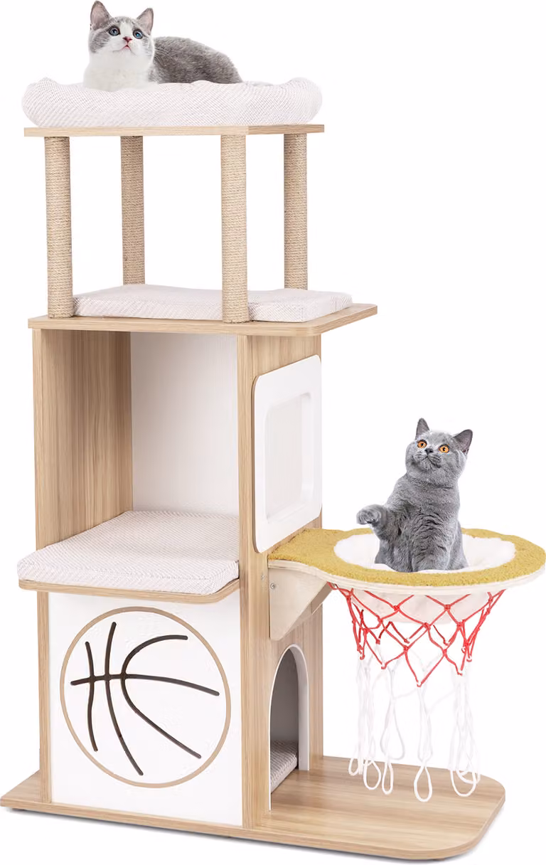Tiragraffi COSTWAY 120 cm, albero per gatti con amaca stile canestro, casetta per gatti a 2 piani, 2 piattaforme e cuscini, mobili per gatti in legno, natura