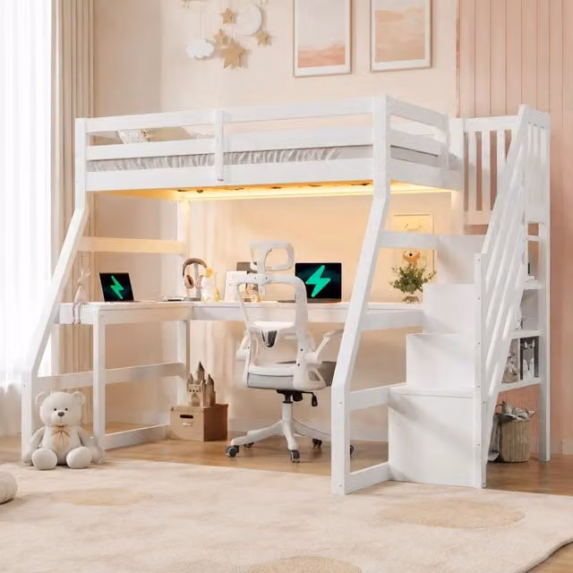 Letto a soppalco in legno 90x200 cm con scrivania; scala con contenitore e LED; bianco