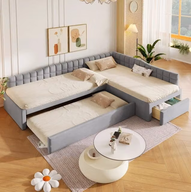 Letto imbottito a L ULEVR 90x200 cm con letto estraibile 90x190 cm e cassetti, grigio