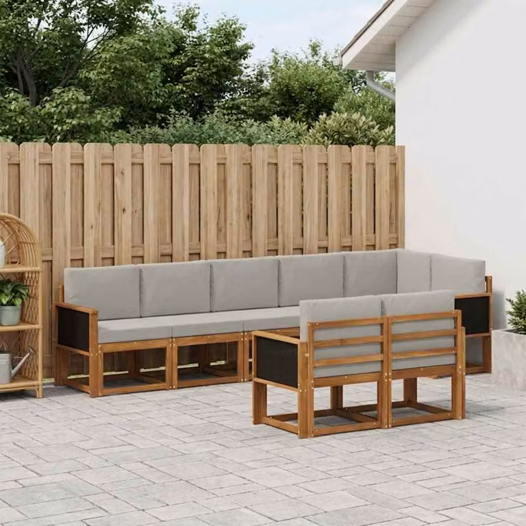 Set di divani da esterno vidaXL 8 pz in legno di acacia con cuscini, composizione a L moderna, colori beige, grigio e marrone