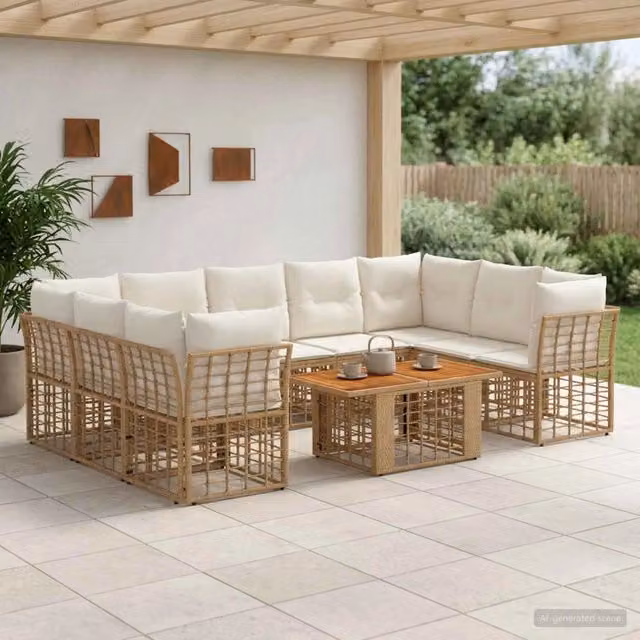 Set Divano da Giardino 10 pz Naturale e Bianco Crema polyrattan 3437902