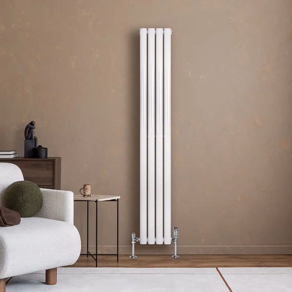 Radiatore Verticale Ovale Monstershop in Acciaio Bianco con Valvola Termostatica e Staffa a Parete H: 160 cm, L: 24 cm – 2