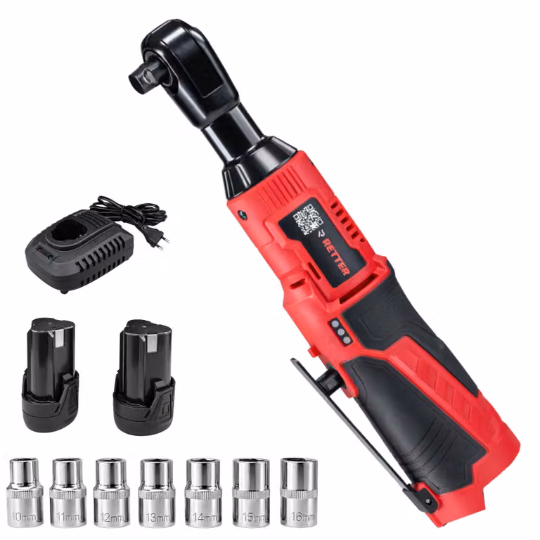 RETTER Avvitatore a cricchetto a batteria da 12 V, 1/2", 50 Nm, con 2 batterie, caricabatterie e 7 bussole da 10-16 mm