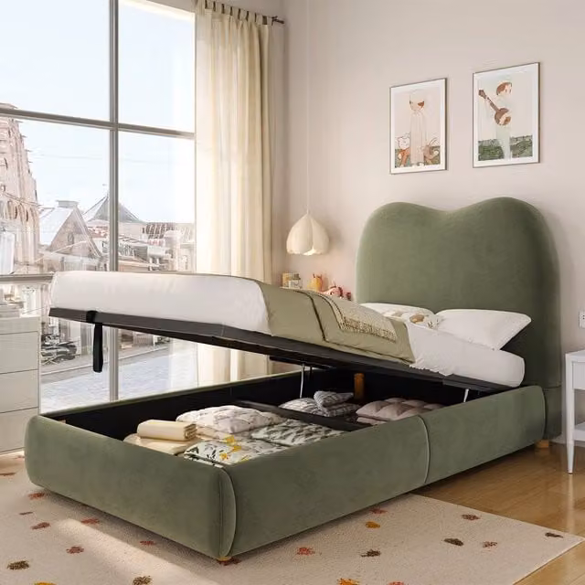 Letto imbottito contenitore singolo ¨C Minimal ¨C Velluto verde, con rete a doghe, 90x200 cm