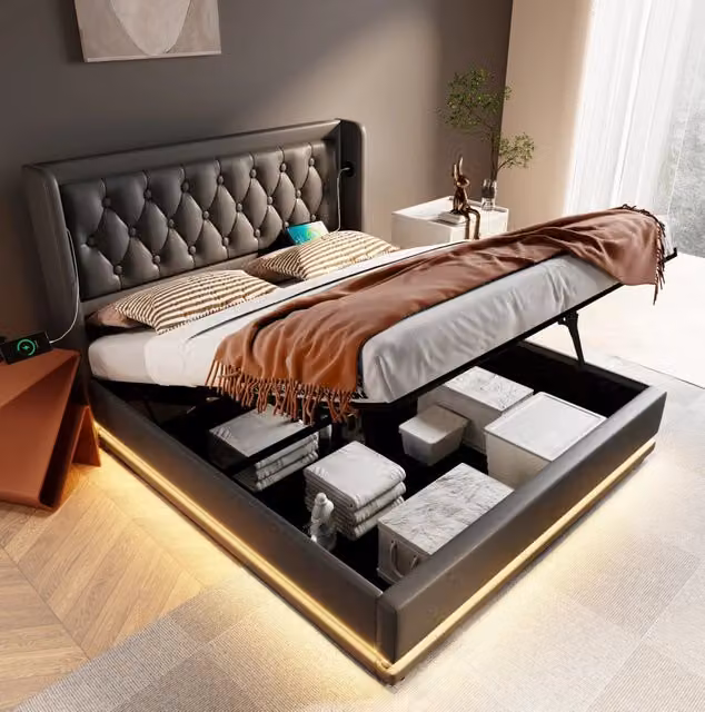 Letto matrimoniale 180x200 cm con contenitore; LED e USB-C; struttura in PU nero