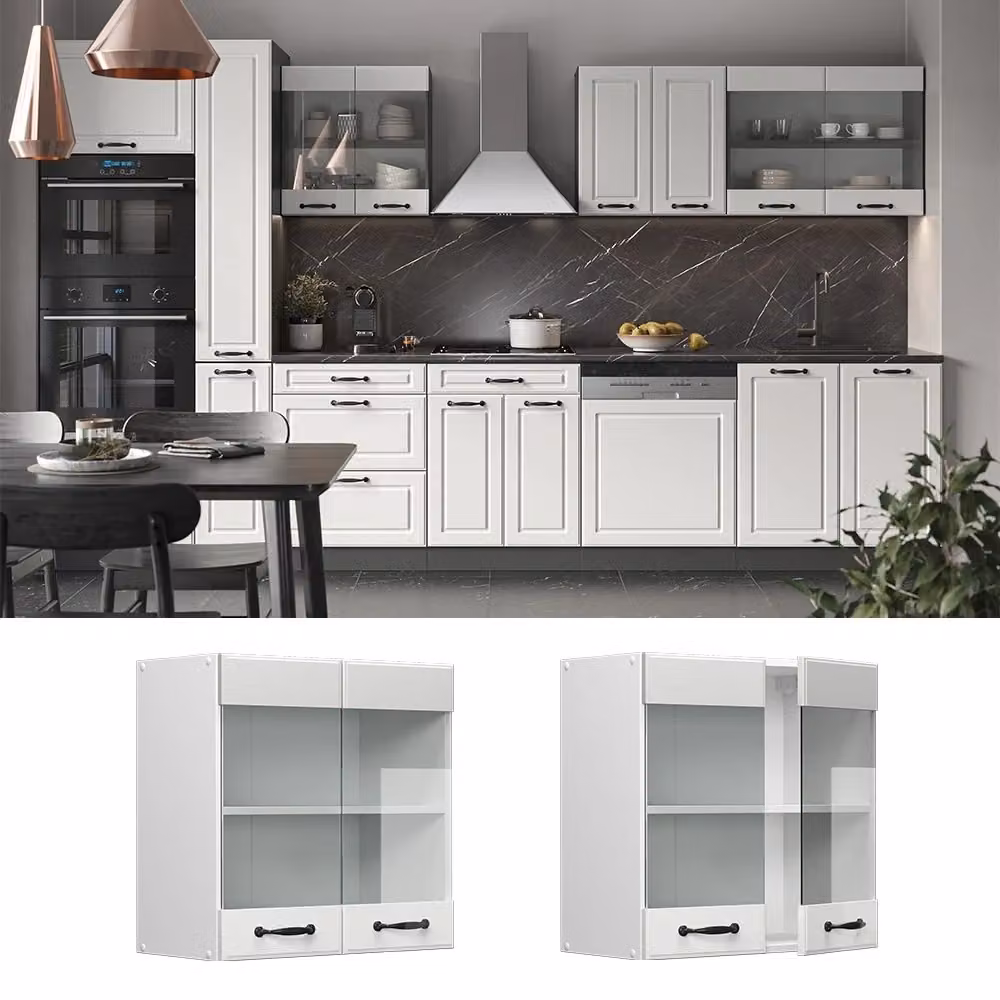 Pensile da cucina Vicco R-Line Bianco rustico con ante in vetro e ripiani interni, L: 60 cm, H: 60 cm, P: 31 cm – 2