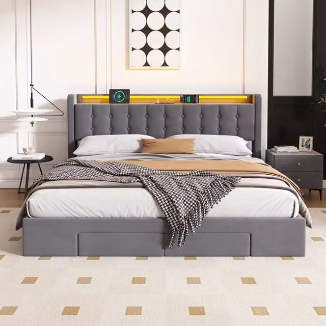 Letto matrimoniale 180x200 cm con cassetti; luce LED e porta USB; in velluto; grigio scuro