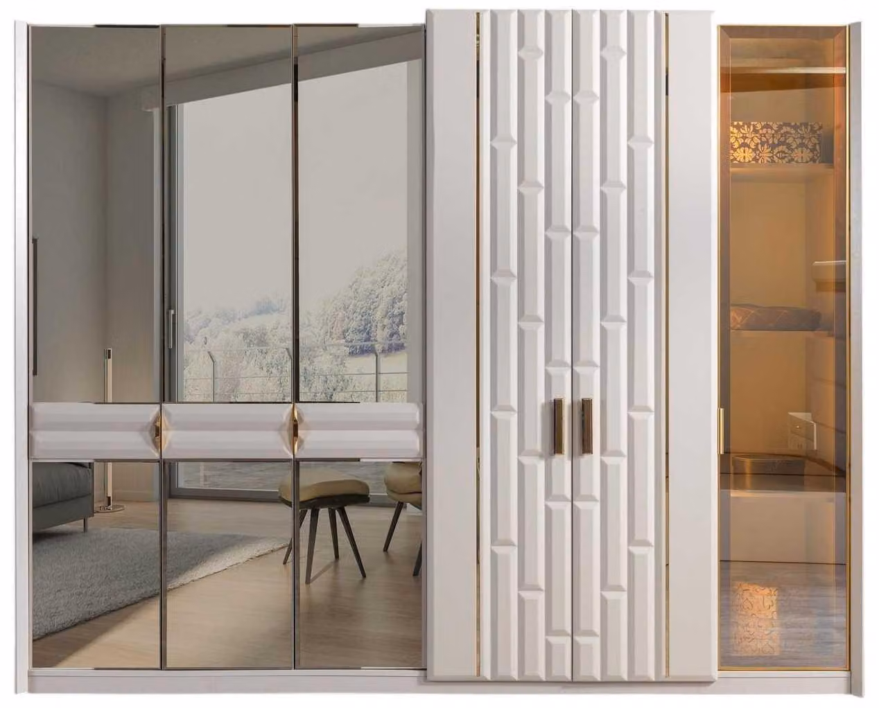 Armadio moderno bianco con inserti dorati e retroilluminazione