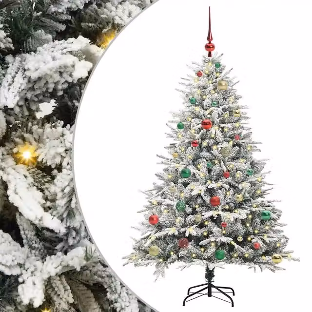 Albero di Natale artificiale verde con luci LED bianco caldo e set di palline decorativo in PVC e metallo design moderno – 1