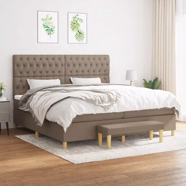 Letto Ibrido vidaXL con Giroletto a Molle e Materasso in Tessuto Beige e Bianco L: 200 cm, P: 200 cm, H: 128 cm
