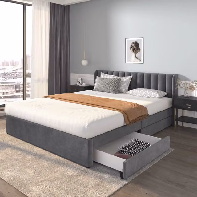 Letto in velluto grigio 180x200 cm con 2 cassetti e rete a doghe