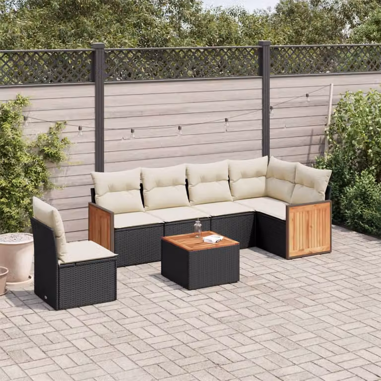 vidaXL Set Divani da Giardino a L con Cuscini 7pz in Polyrattan Nero e Bianco