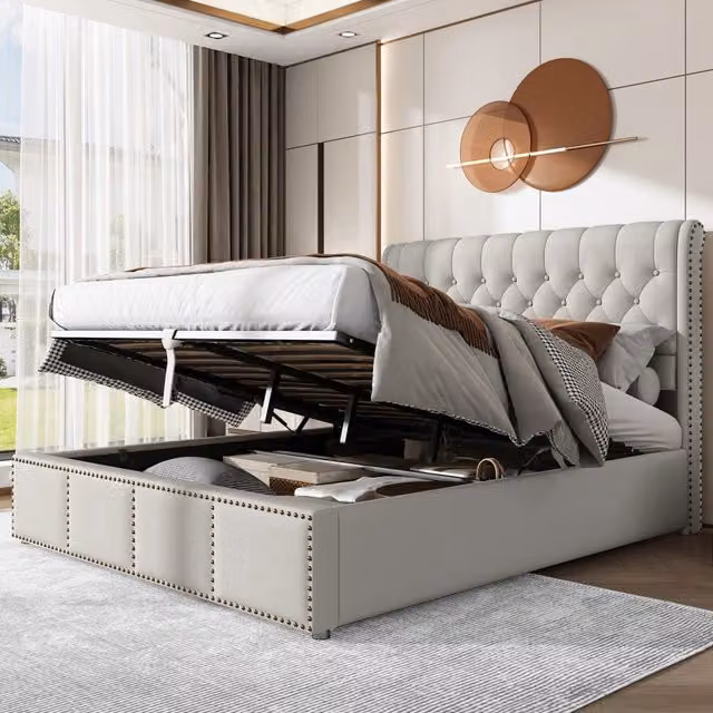Letto contenitore matrimoniale 140×190 cm con testiera imbottita e rete, senza materasso, cotone e lino grigio