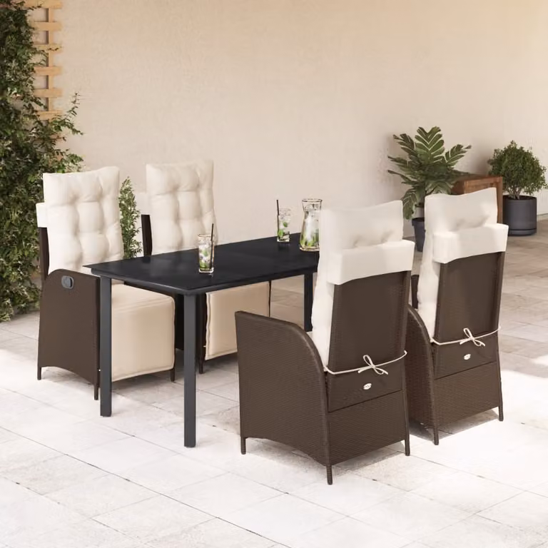 Set da Pranzo da Giardino 5pz vidaXL in Polyrattan Marrone con Cuscini e Tavolo in Vetro