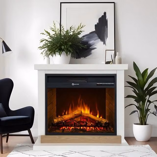 Camino Elettrico DMORA Stia Bianco con Superficie Riscaldabile per 30 m2 L/P/H: 75 x 28 x 70 cm