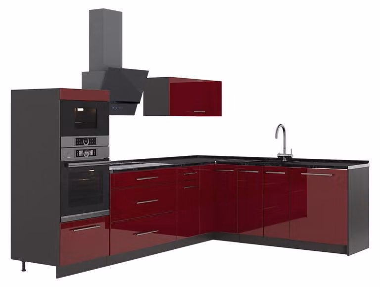 Cucina angolare completa Vicco Fame-Line Bordeaux lucido/Antracite 287 x 207 cm, PL Antracite, Model 63479
