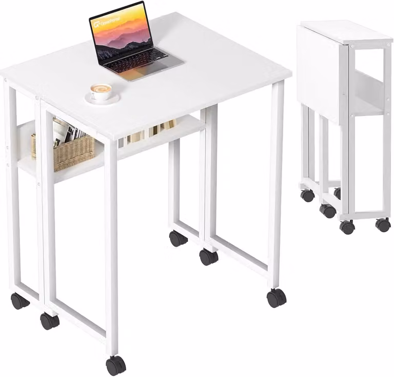 Scrivania pieghevole - Scrivania per computer - Con rotelle - Portatile - Con ripiano - 80×50×75 cm - Struttura in metallo - Piano in legno - Bianco