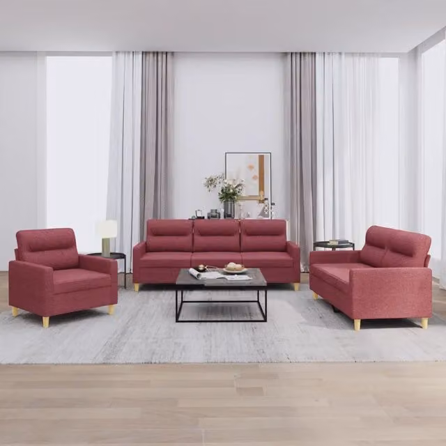 Set di Divani 3 pz con Cuscini Rosso Vino in Tessuto 3201542