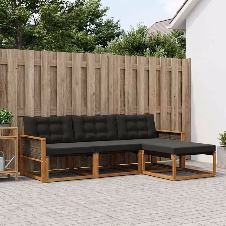 Set di divani da esterno vidaXL 4 pezzi in legno di acacia con cuscini, componibile a L, colore naturale e nero