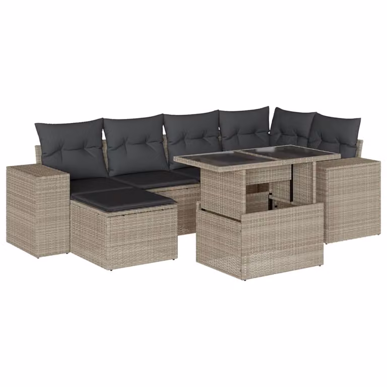 Set Divani da Giardino 7pz con Cuscini Grigio Chiaro Polyrattan