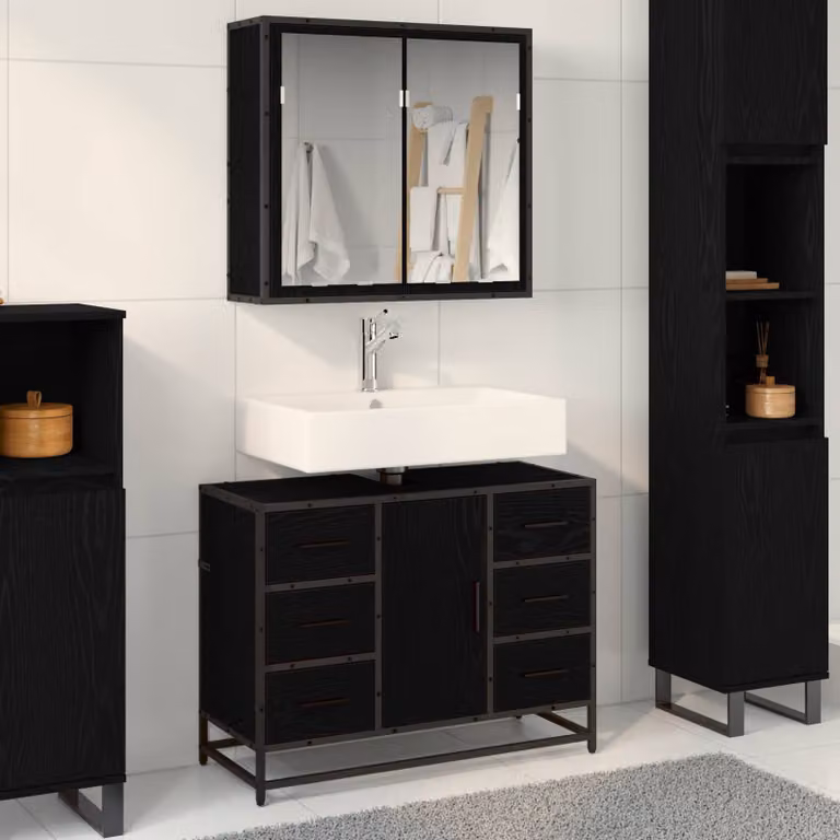 Set di mobili per il bagno vidaXL composto da mobile lavabo e armadietto con specchio in rovere nero, L 80 x P 33 x H 60 cm
