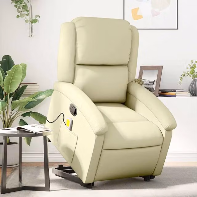 Poltrona Alzapersona Reclinabile con Massaggio vidaXL in Vera Pelle Beige per Anziani