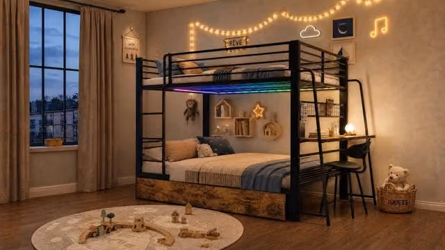 Letto a soppalco 140 × 200 cm con scrivania, 2 cassetti, LED RGB, presa USB e Type-C, senza materasso, nero