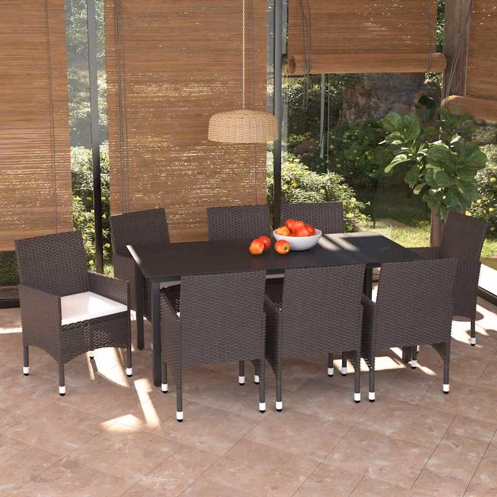 Set da pranzo da giardino vidaXL in polyrattan marrone con cuscini e tavolo in vetro, 9 pezzi