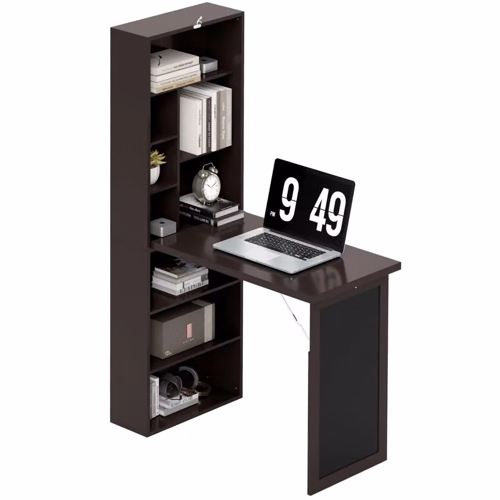 Scrivania a muro pieghevole XYLO con libreria, lavagna e ripiani regolabili, colore marrone – 2