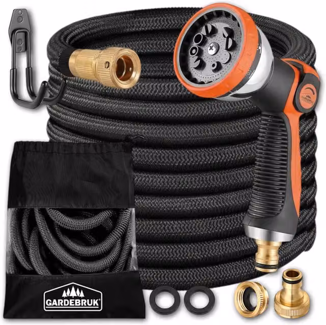 Tubo per irrigazione flessibile Gardebruk nero con supporto a parete in ottone e poliestere, lunghezza 7,5 m, attacco 1/2"