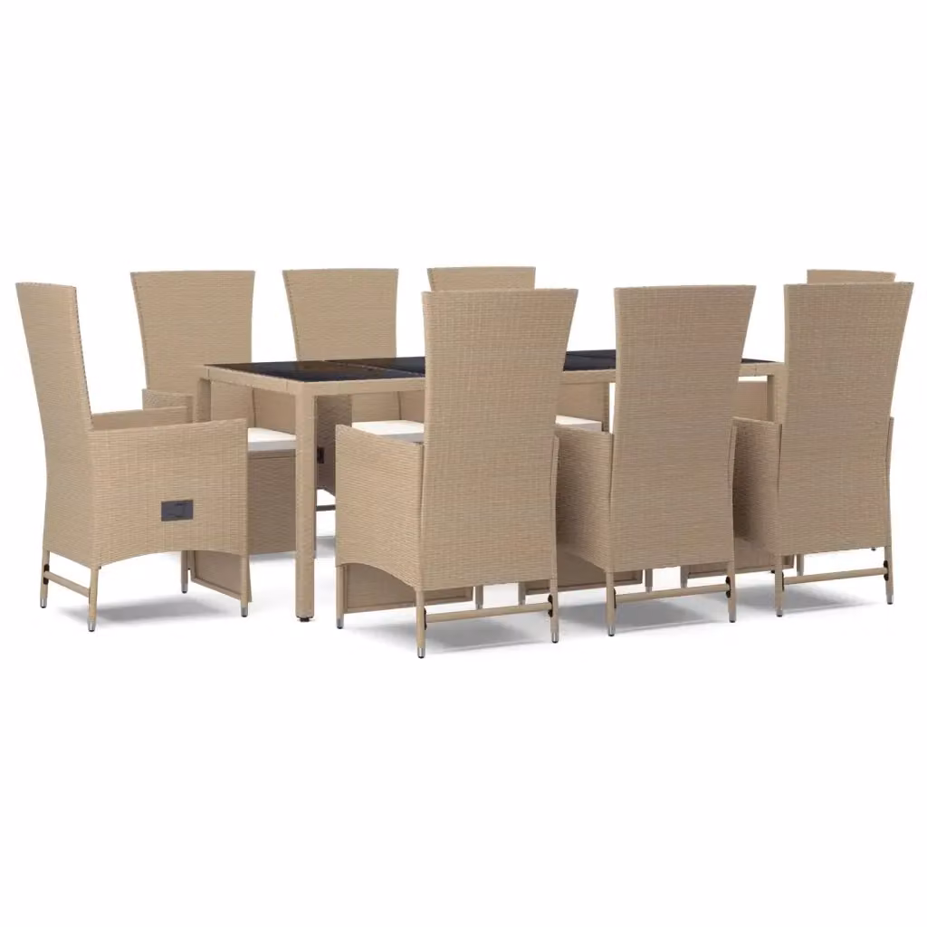 Set da pranzo da giardino vidaXL in legno di acacia oliato con tavolo in vetro e 9 sedie in polyrattan con cuscini beige e bianchi – 2