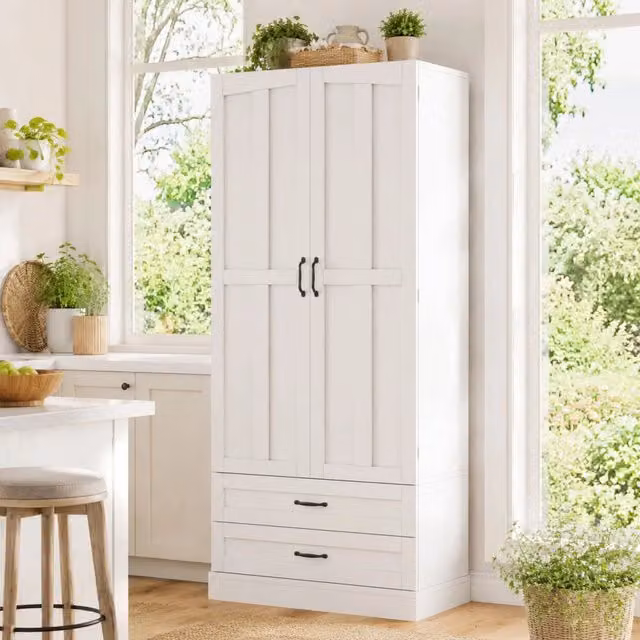 Credenza da cucina alta con 3 ripiani estraibili, 2 cassetti e ripiano regolabile, bianca in MDF, 80 × 37,5 × 180 cm