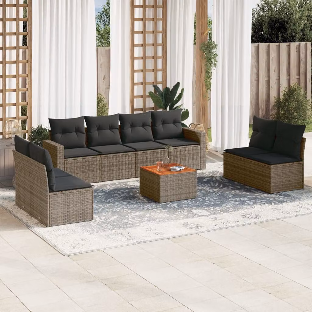 vidaXL Set Divano da Giardino 9 pz a forma di U in Polyrattan Grigio con Cuscini e Tavolino – 1