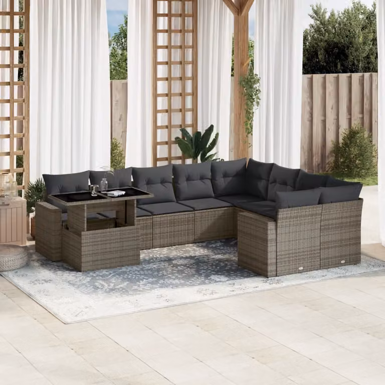 Set Divano da Giardino vidaXL 10 pz a Forma a L in Polyrattan Grigio con Cuscini e Tavolino
