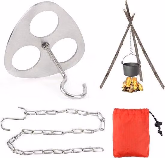 Uniqoos® Treppiede in acciaio inossidabile, con catena e gancio regolabili, ideale per braciere, barbecue, olandese, pentole e campeggio