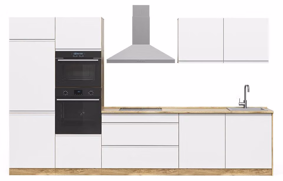 Cucina componibile Vicco R-Line Bianco/Rovere dorato 340 cm piano di lavoro Satin, Model 70599