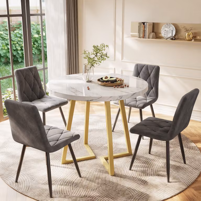 MODFU Tavolo da pranzo rotondo, tavolo da cucina con gambe in metallo, tavolo con motivo in marmo moderno per sala da pranzo e soggiorno, bianco e oro