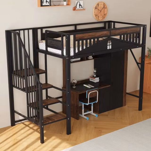 Letto a castello metallo e legno nero 90x200 cm con ringhiera