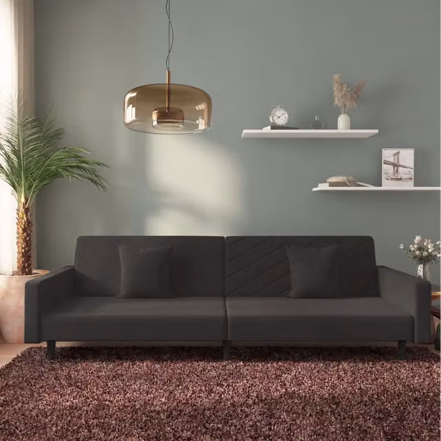 Divano Letto Click Clack vidaXL in Velluto Nero con 2 Cuscini e Struttura in Legno Massello