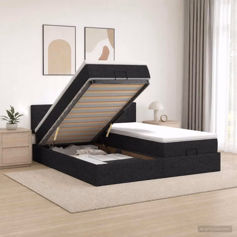 vidaXL Letto ottomano moderno con materasso e testiera in tessuto nero, L/P/H: 160 x 200 x 88 cm