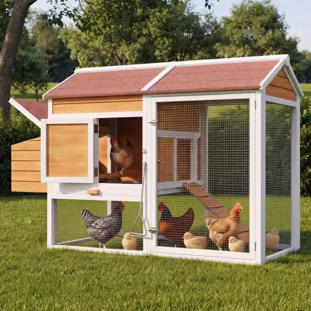Pollaio da giardino con nido esterno, cassetto zincato e recinto sicuro in legno massello naturale 185 × 91 × 115 cm